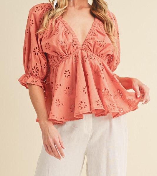 EYELET EMBROIDERED TOP