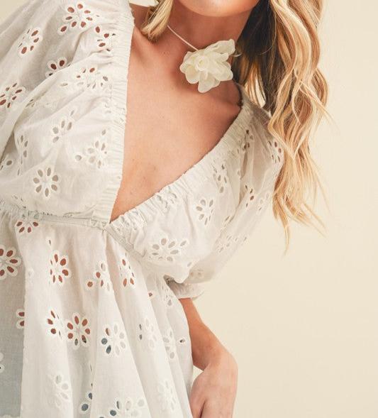 EYELET EMBROIDERED TOP