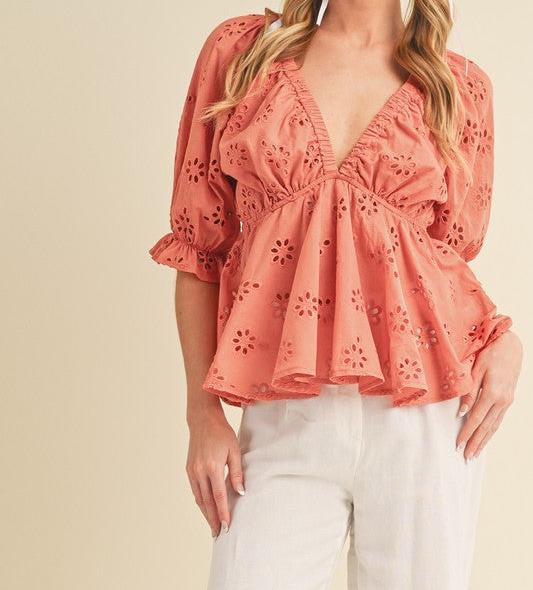 EYELET EMBROIDERED TOP