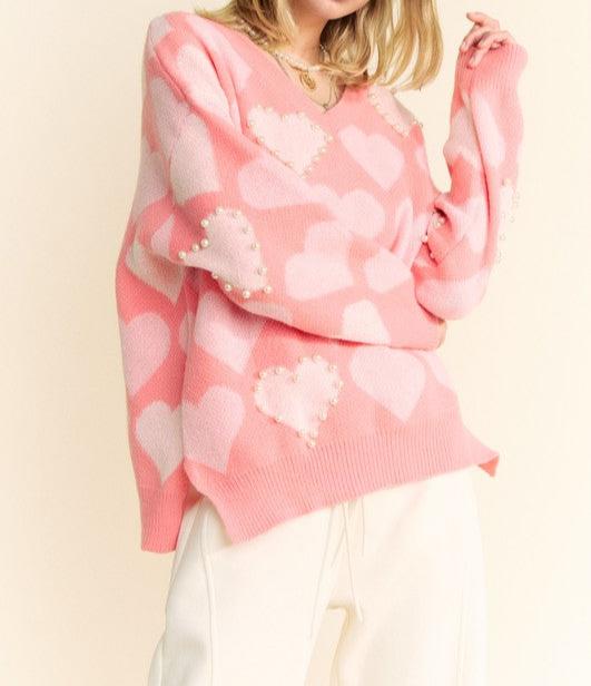 HEART MY PEARLS V NECK SWEATER