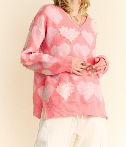 HEART MY PEARLS V NECK SWEATER
