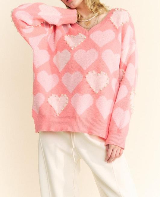 HEART MY PEARLS V NECK SWEATER
