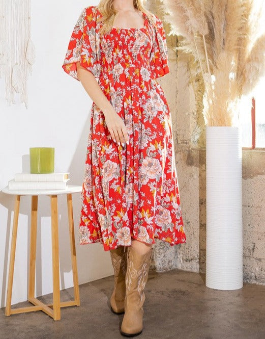 FLOWER SMOCKED MIDI DRESS (S-XL)