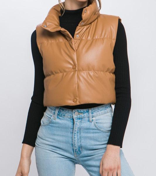 CROP FAUX LEATHER PUFFER