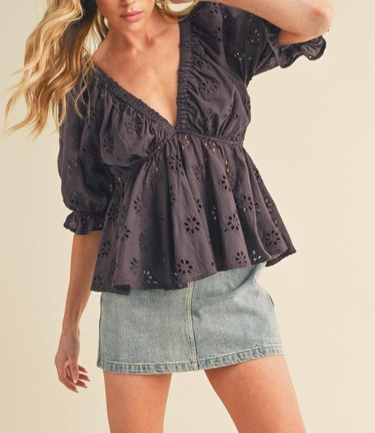 EYELET EMBROIDERED TOP