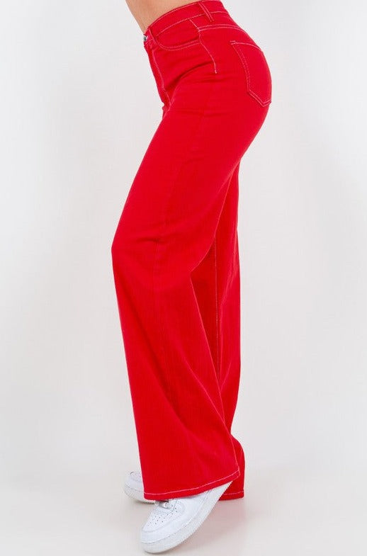 HIGH RISE WIDE LEG JEAN IN CHERRY RED