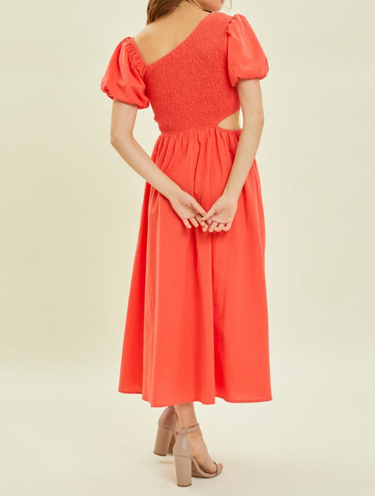 SMOCKED CUTOUT MIDI DRESS