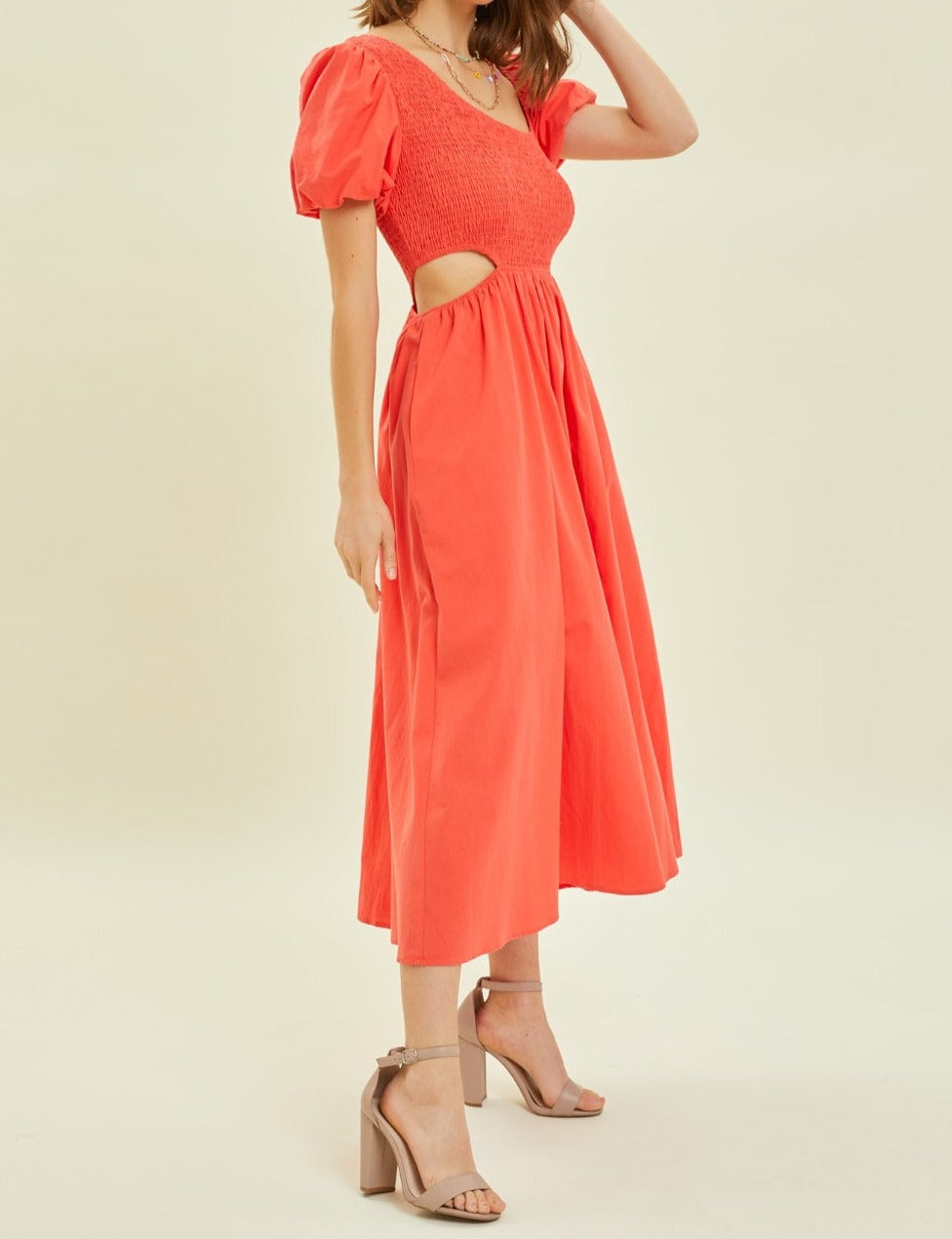 SMOCKED CUTOUT MIDI DRESS